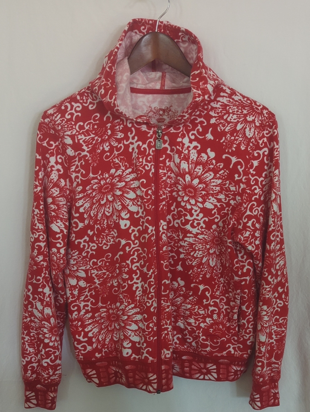 VTG Oleg Cassini Sport Red White Floral Zip Hoodie Large